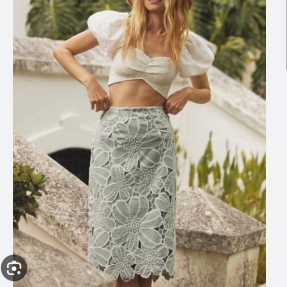 New Anthropologie Maeve Cutwork Floral Midi Skirt Mint Green, Flower cutout - Picture 1 of 3